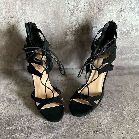 Strappy Sexy Stiletto Lace Up Heels Black 8.5 Top Moda Nubuck - Picture 3 of 12